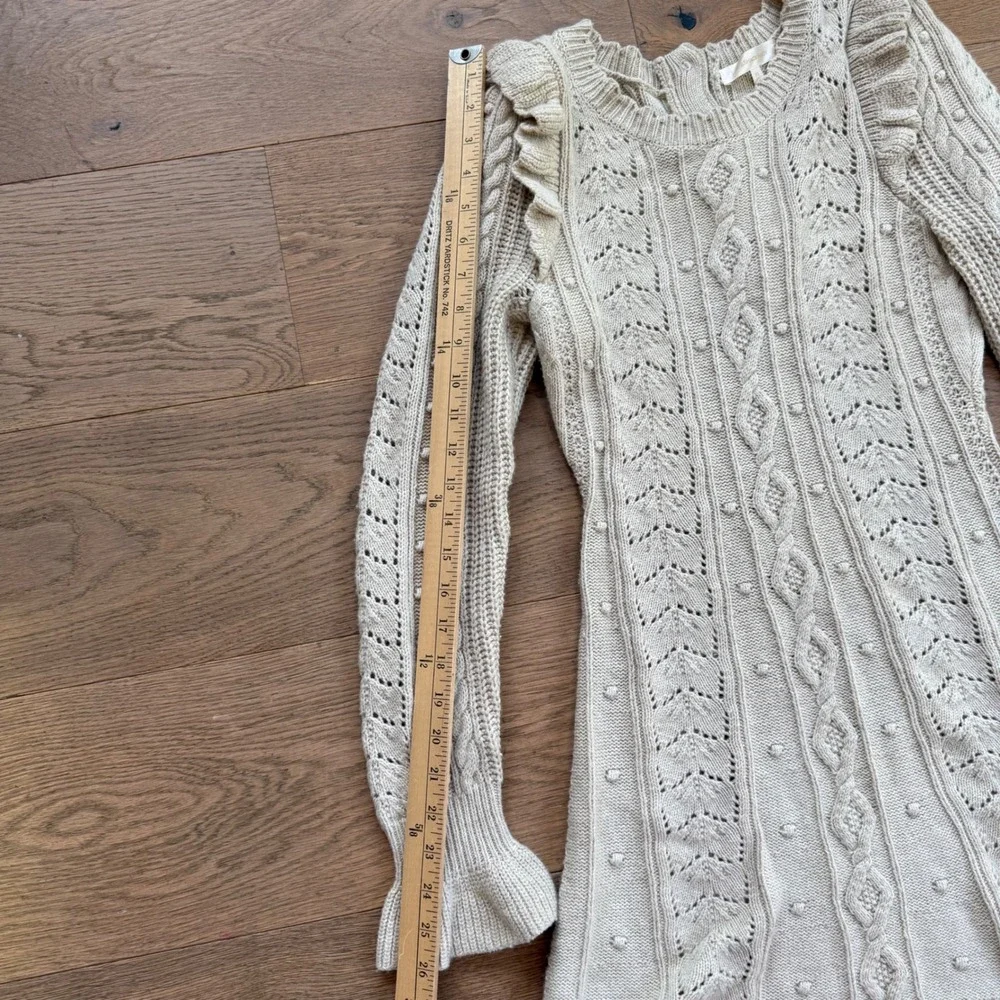 LoveShackFancy Zeke Womens Oatmeal Cable Knit Ruffle Mini Sweater Dress XS Cream - Picture 7 of 12